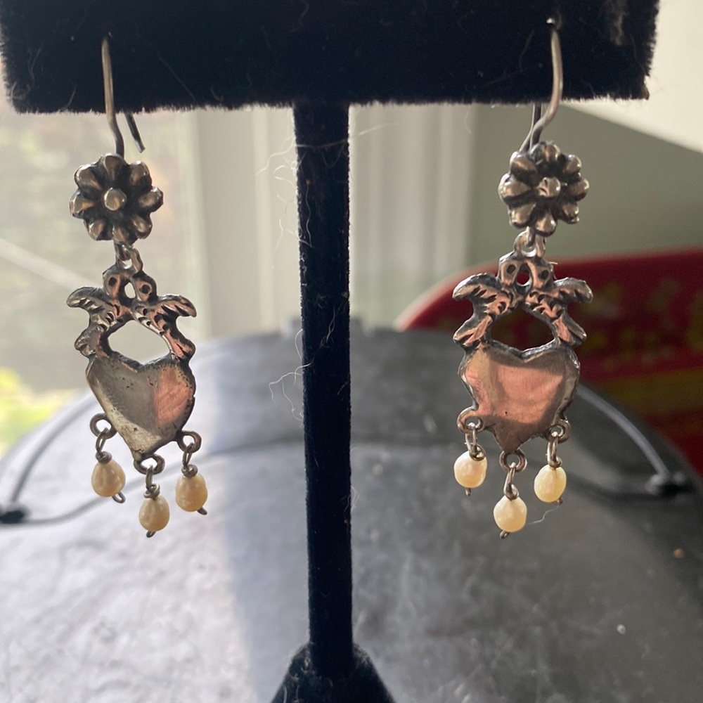 Mexican Sterling Handcrafted Earrings.  2”.  Dangling Pearls.